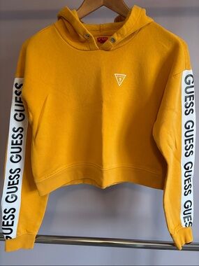 GUESS Yellow Cropped Logo Hoodie with Branded Sleeve Tape